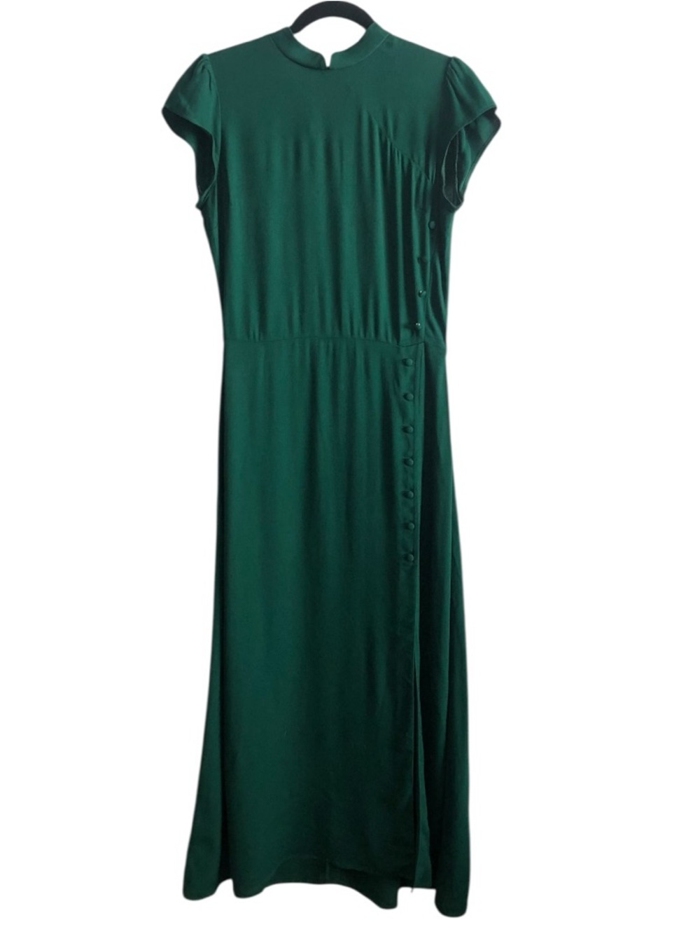 Reformation Deep Forest Green Midi Dress with Side Buttons High Slit